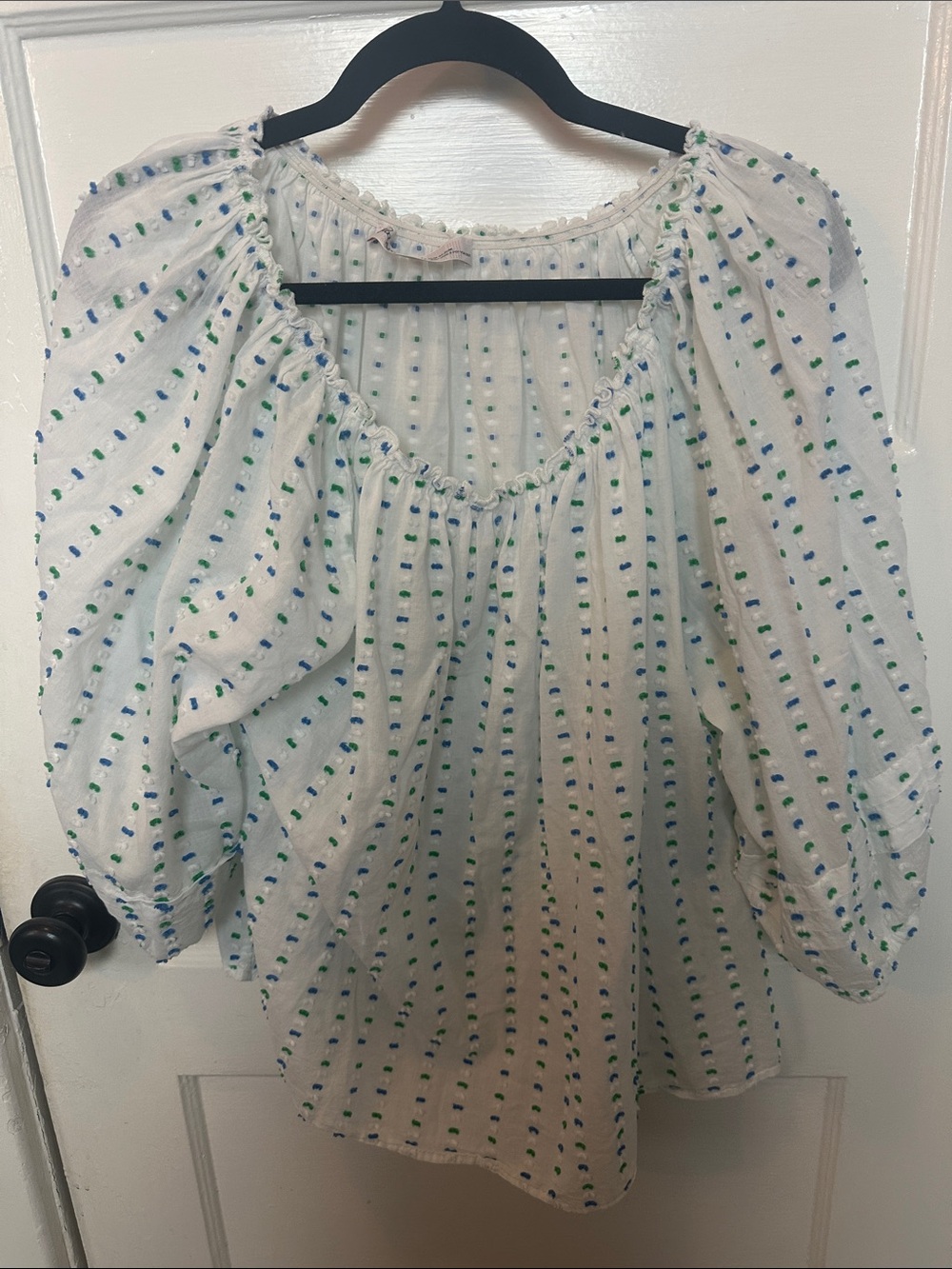 White Peasant Blouse with Blue & Green Dot Stripe